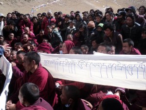 A banner at 8 February 2012 demonstration in Trindu calls for the return of His Holiness the Dalai Lama to Tibet