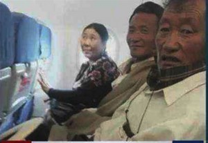 Relatives of Trulku Tenzin Delek on the plane to Beijing. From left: Donkar Wangmo, Sogren Lori and Lhagma Choedrup