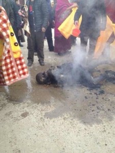 The charred remains of Tsultrim Gyatso's body before it was taken to the monastery