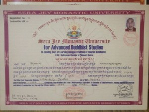 Ngawang Jamyang's graduation certificate for advanced Buddhist Studies show his name in Englsh spelled as Ngawang Jampel while the name is spelled in Tibetan ad Ngawang Jamyang.