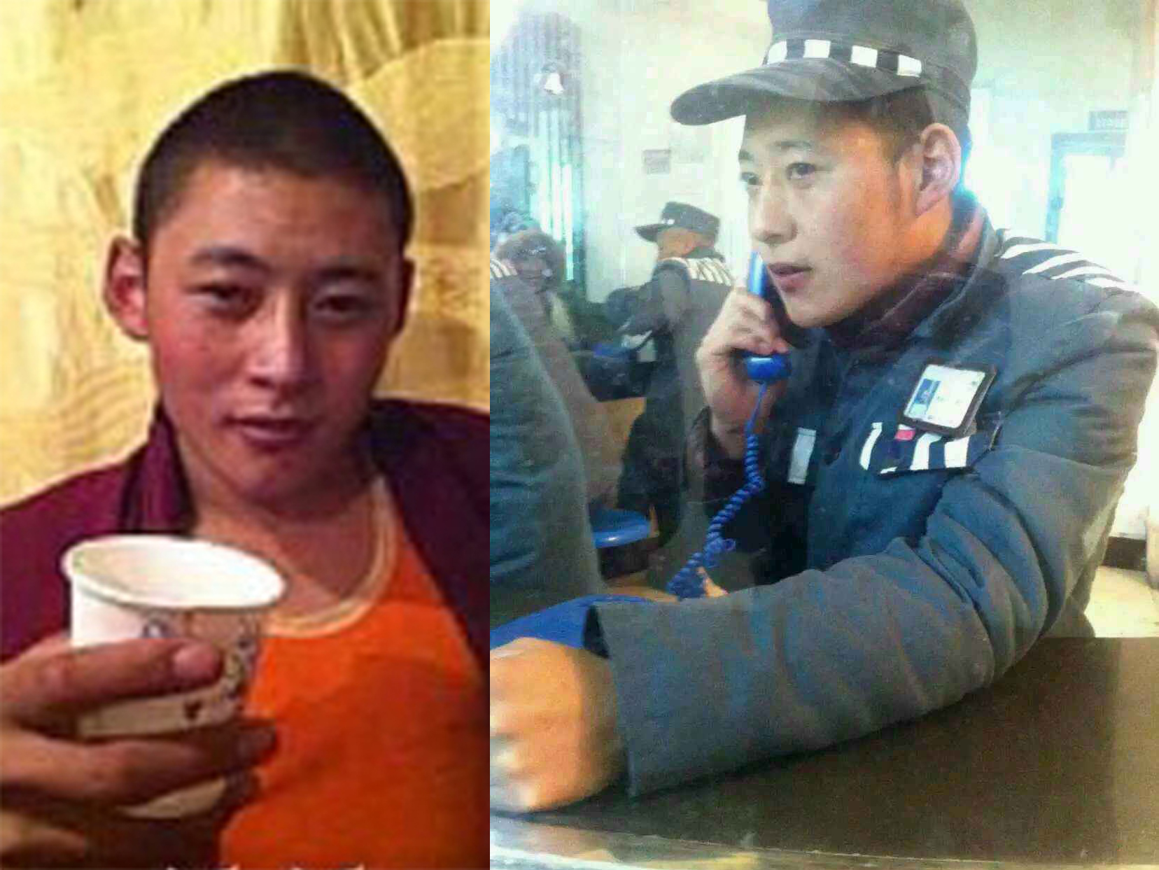 Sonam Gonpo before imprisonment (L) and in prison uniform (R)